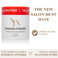 SunFX post-tan powder reduces stickiness on knees and decolletage.