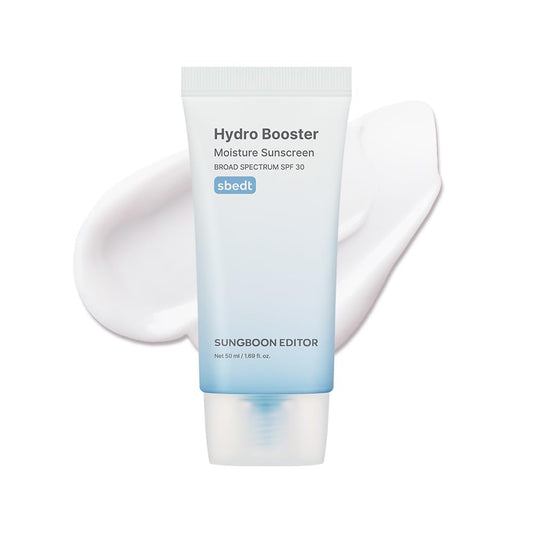 SUNGBOON EDITOR Hydro Booster Sunscreen bottle offers weightless sun protection for daily use.