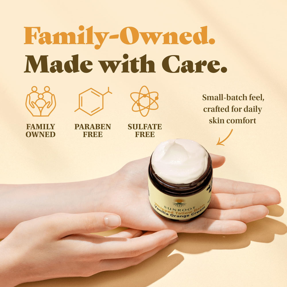 Sunroot Naturals balm in use on hands-face-body shows versatile daily care.