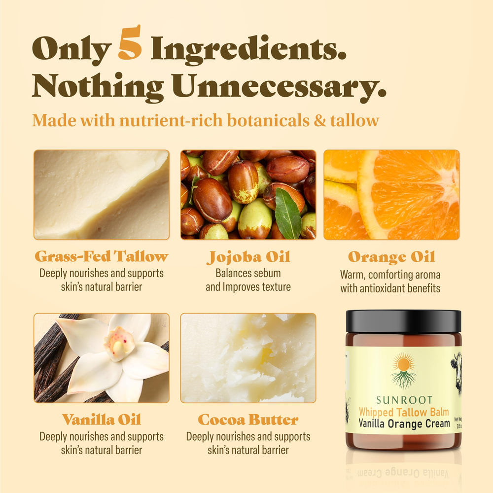 Sunroot Naturals beef tallow and cocoa butter ingredients highlight nourishing formula.