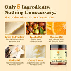 Sunroot Naturals beef tallow and cocoa butter ingredients highlight nourishing formula.