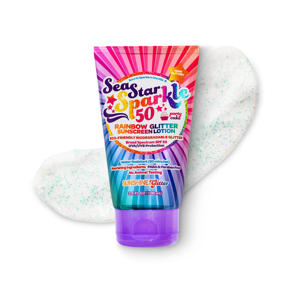 Sunshine and Glitter Seastar Sparkle bottle pour, eco-friendly glitter sunscreen for beach days.