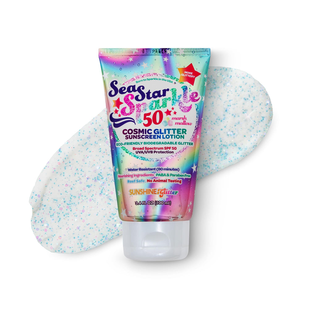 Sunshine & Glitter Seastar Sparkle sunscreen tube with cosmic marshmallow scent and SPF 50