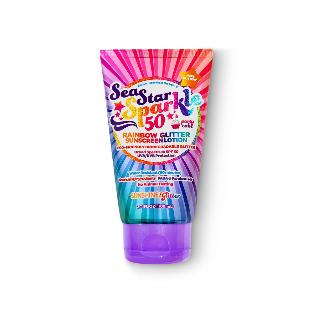 Sunshine and Glitter Seastar Sparkle tube front with SPF 50 and rainbow glitter.