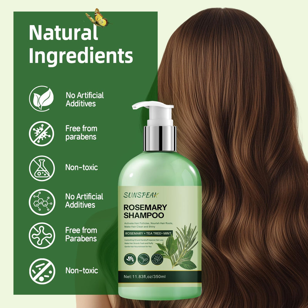 Sunspeak rosemary shampoo daily use bottle demonstrating non-irritating formula.