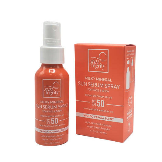 Suntegrity Milky Mineral Sun Serum Spray on the face bottle for daily protection