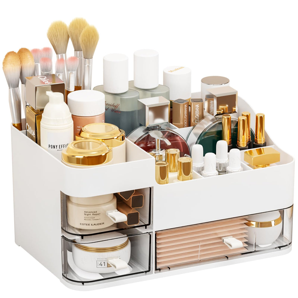 SuoXing white makeup organizer with large drawer keeps cosmetics neatly stored.