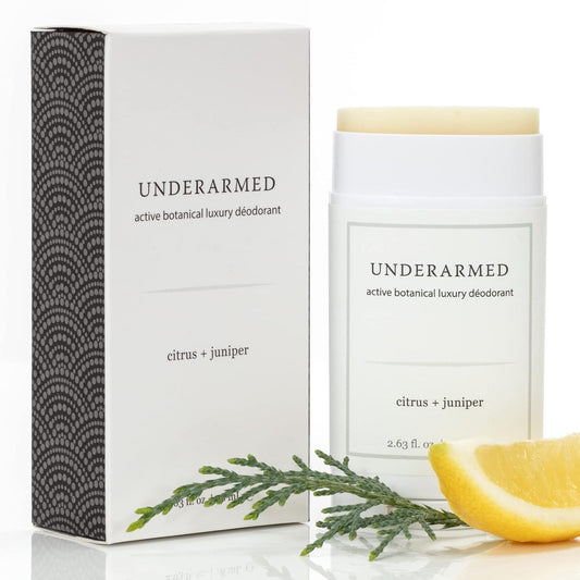 Super Natural Goods Citrus + Juniper deodorant stick packaging highlights aluminum-free freshness