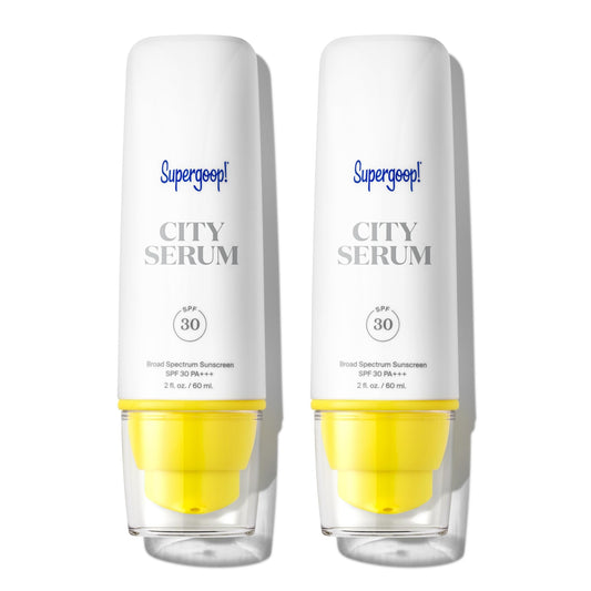 Supergoop City Serum bottle front, a lightweight SPF 30 daily moisturizer.