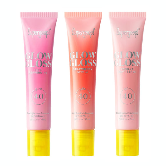 Supergoop Glow Gloss SPF 40 Vanilla Soft Serve tube with radiant shine and moisture.
