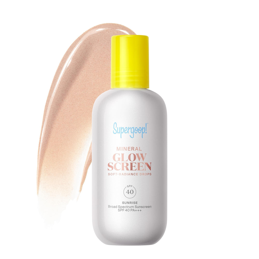 Supergoop Glowscreen Drops Sunrise bottle front showing mineral SPF 40 for radiant protection