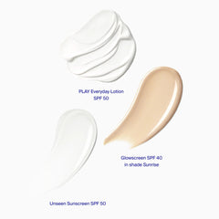 Supergoop! Glowscreen SPF 40 Sunrise on the face for dewy glow and blue light filtering.