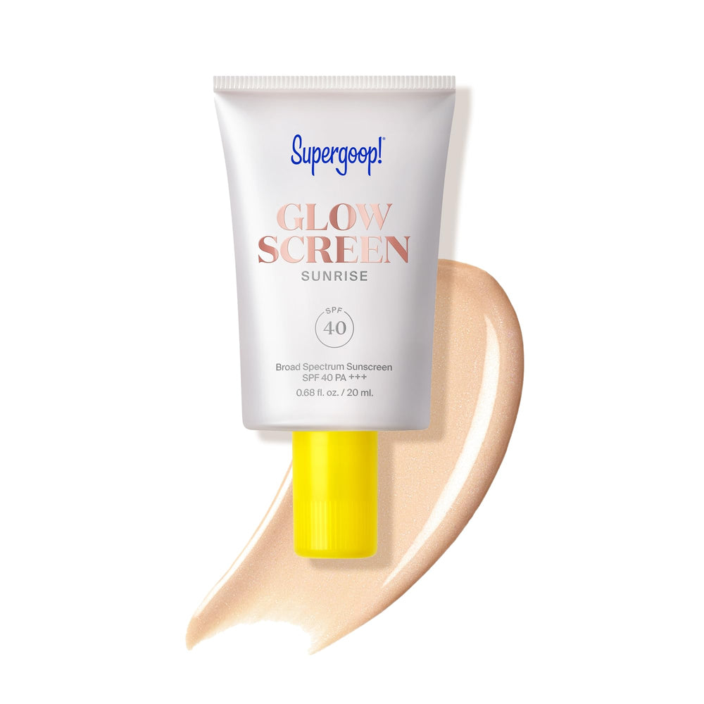 Supergoop Glowscreen Sunrise bottle with pearlescent finish for a hydrated dewy base