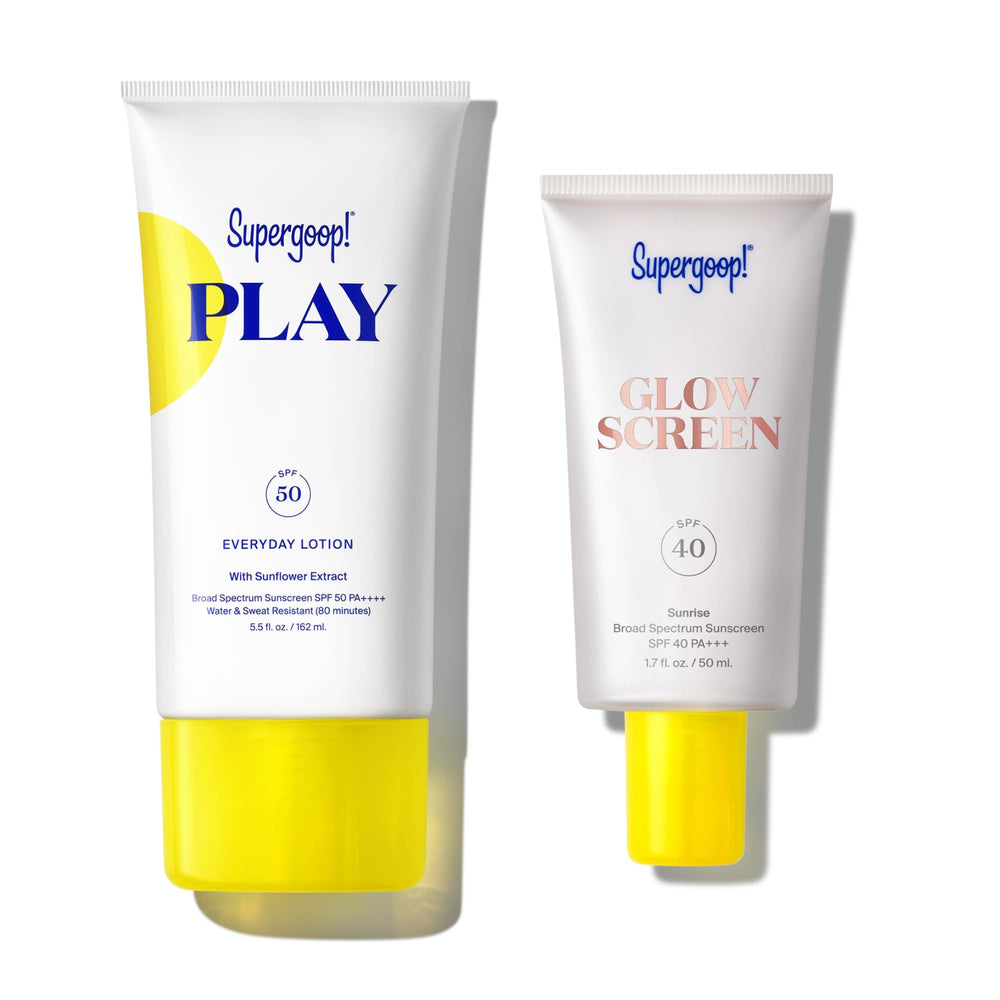 Supergoop Glowscreen Sunrise bottle showing glow-boosting SPF 40 for radiant skin.