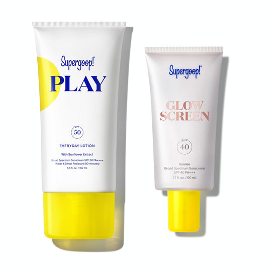 Supergoop Glowscreen Sunrise bottle showing glow-boosting SPF 40 for radiant skin.