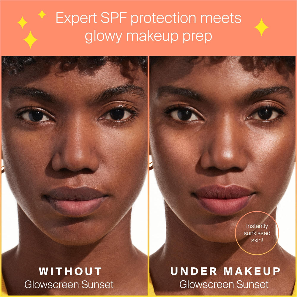 Glowscreen Sunset SPF 40 label emphasizing protection and blue light filtration.