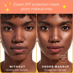 Glowscreen Sunset SPF 40 label emphasizing protection and blue light filtration.