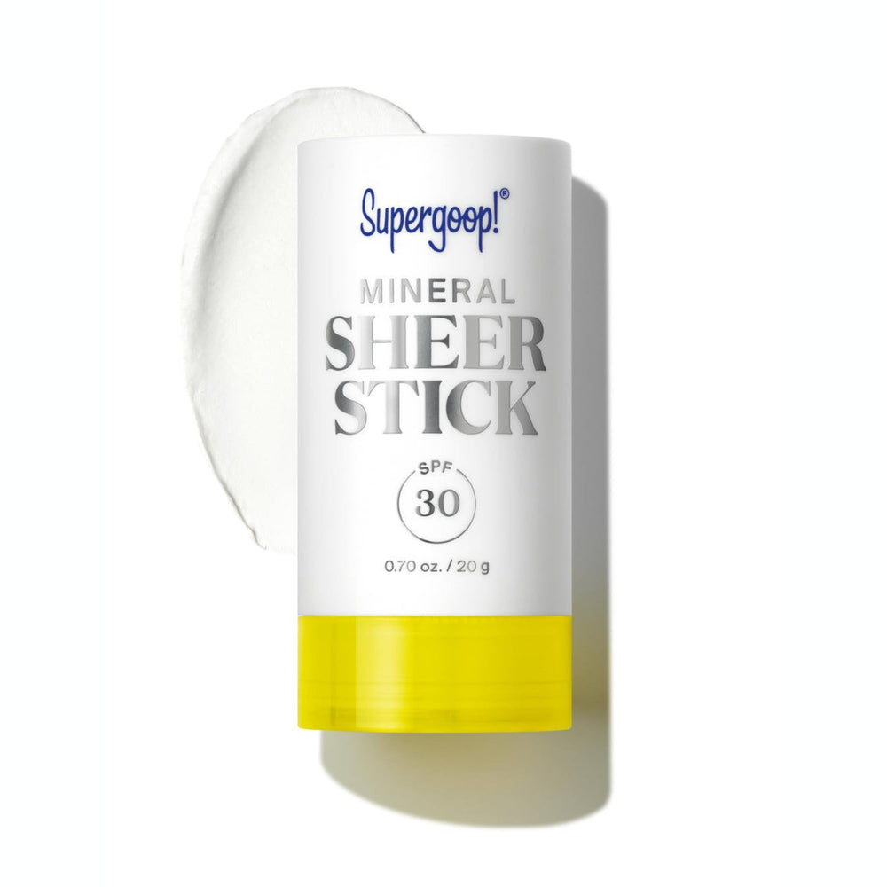 Supergoop Mineral Sheer Stick SPF 30 packaging for portable sun protection on the go.