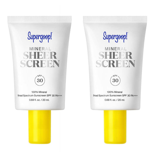 Supergoop! Mineral Sheerscreen bottle front with sheer SPF 30 protection.