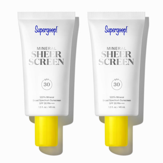Supergoop! Mineral Sheerscreen bottle-front with SPF 30 and satin finish.
