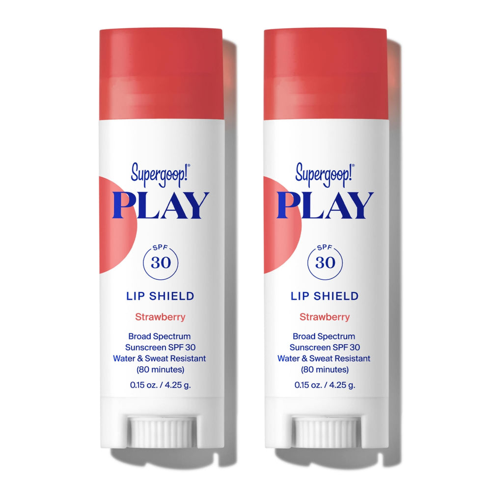 Supergoop! Play Lip Shield SPF 30 strawberry tube protects lips with moisturizing hydration.