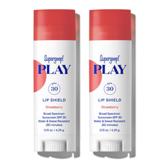 Supergoop! Play Lip Shield SPF 30 strawberry tube protects lips with moisturizing hydration.