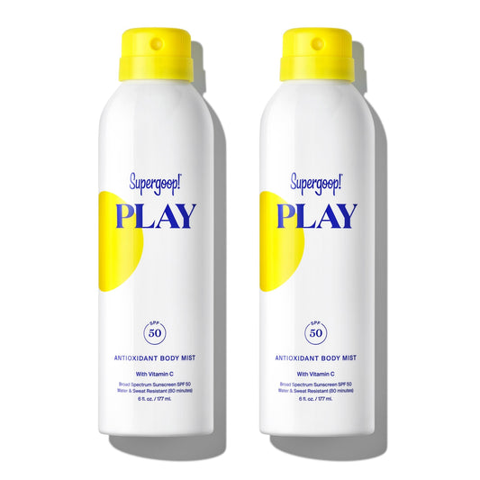 Supergoop PLAY SPF 50 antioxidant body mist bottle closeup for daily protection