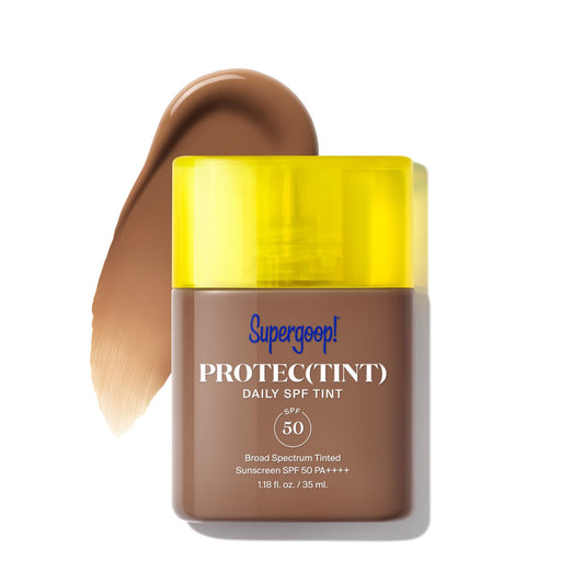 Supergoop! Protec(tint) bottle application shows smooth, even skin with light coverage