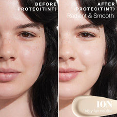 Protec(tint) bottle with pump on vanity emphasizes portable SPF protection.