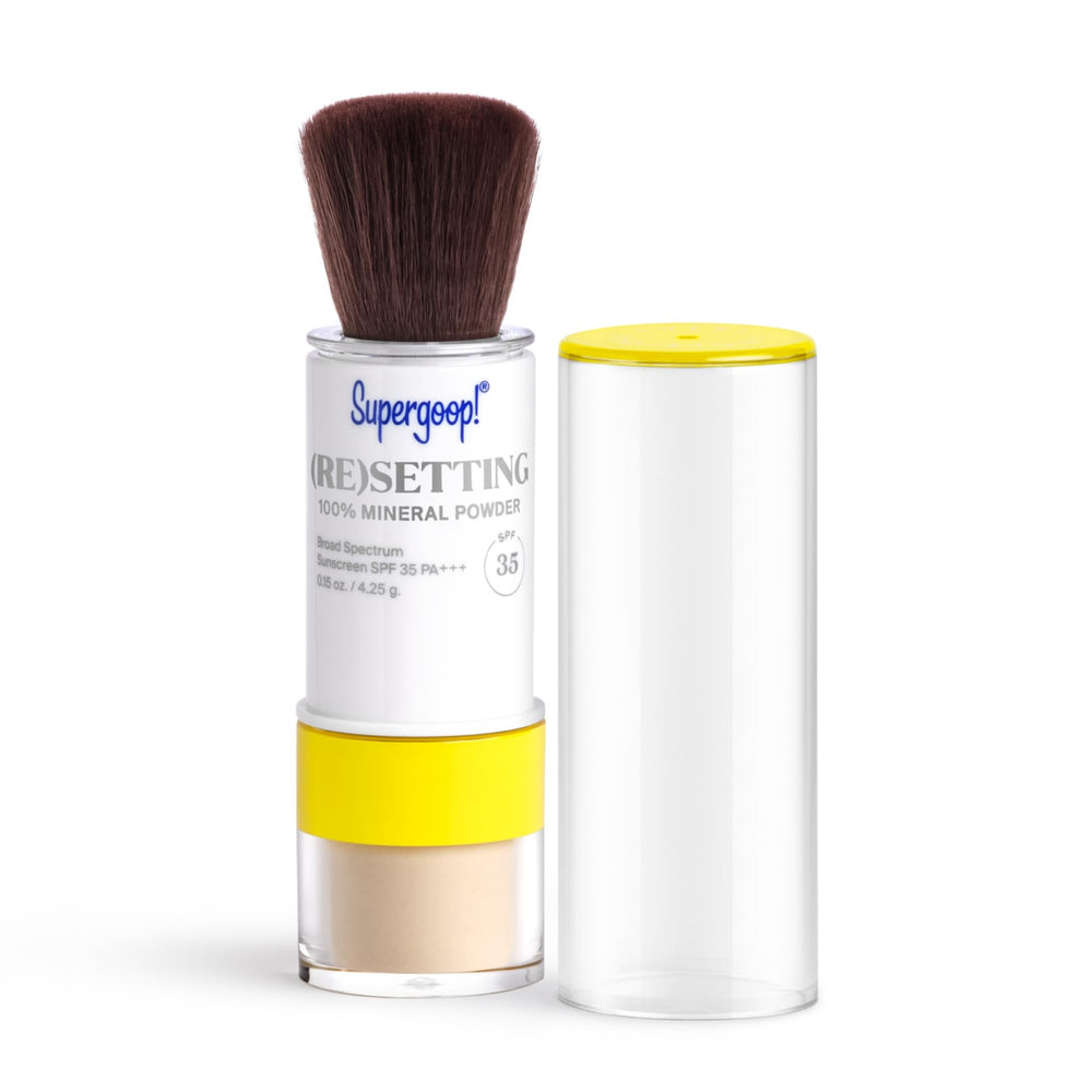 Supergoop! Re-setting Mineral Powder translucent compact providing shine control and SPF 35 protection.