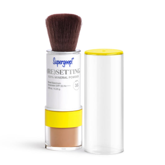 Supergoop! (Re)setting Powder Deep bottle shows SPF 35 protection and shine control.
