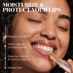 Supergoop! Unseen Lip Balm tube close-up shows smooth glide and UV shield.