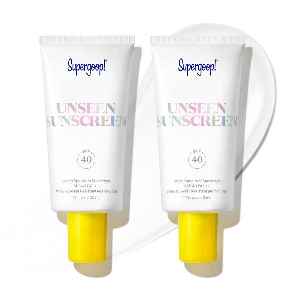Supergoop! Unseen Sunscreen bottle cap highlighting an invisible, weightless protection for all skin tones.