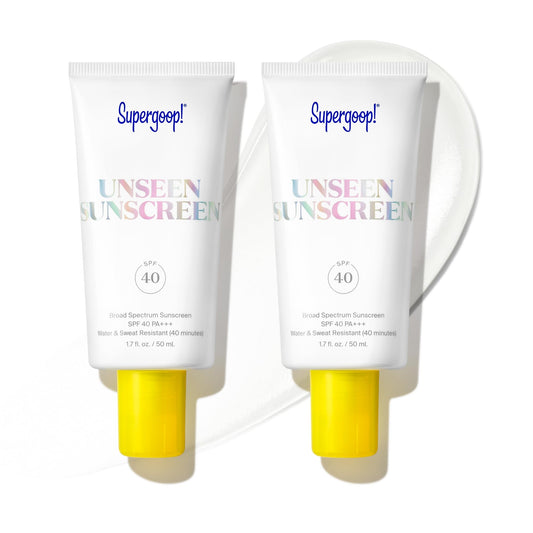 Supergoop! Unseen Sunscreen bottle cap highlighting an invisible, weightless protection for all skin tones.