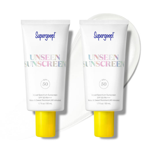 Supergoop! Unseen Sunscreen bottle front showing weightless SPF 50 protection for daily wear.