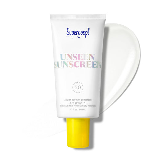 Supergoop Unseen Sunscreen bottle front shows invisible SPF 50 protection.