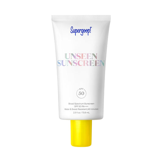 Supergoop! Unseen Sunscreen bottle shown for weightless, invisible SPF across all skin tones