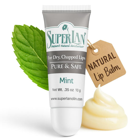 Superlan Organic Lanolin Lip Balm Mint label showing purity for dry lips.