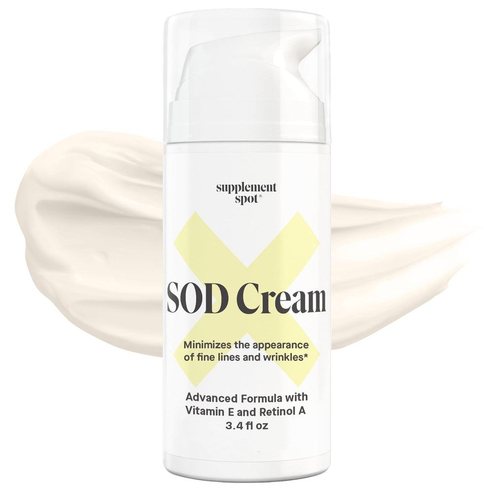 Supplement Spot SOD cream bottle and jar for antioxidant skincare.