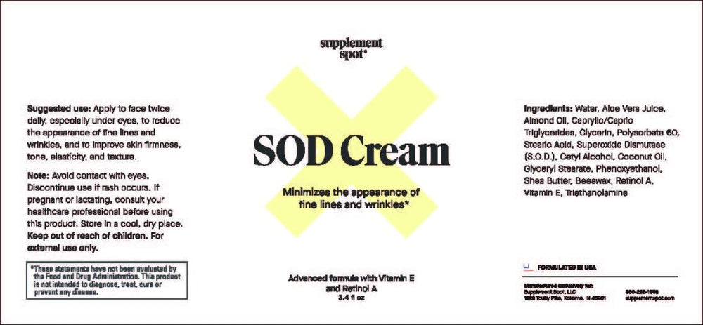 Supplement Spot SOD cream swatch on hand for daily skincare routine.