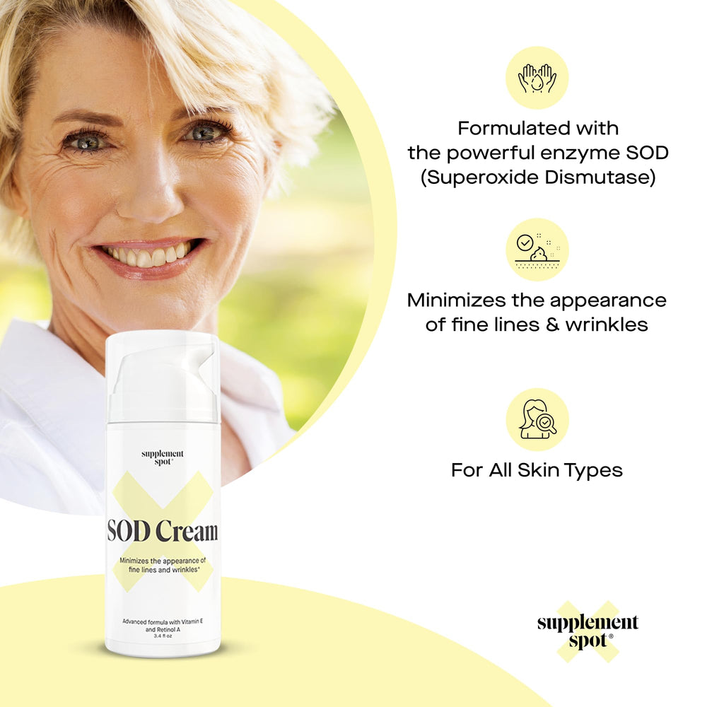 Supplement Spot SOD cream jar on skin showing improved firmness and texture.