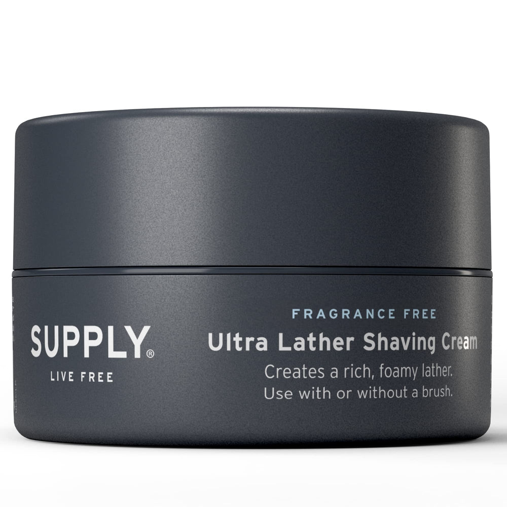 SUPPLY Ultra Lather fragrance-free jar with rich cushion for sensitive skin.