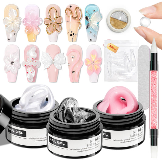 SUPWEE 3D gel nail art kit with clear, pearl white, pink gels for at-home extensions.
