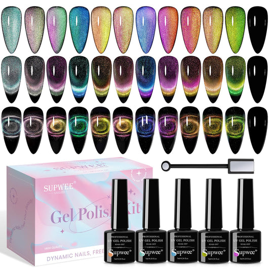 SUPWEE 9D cat eye gel set swatches showing 12 colors for versatile nail art.