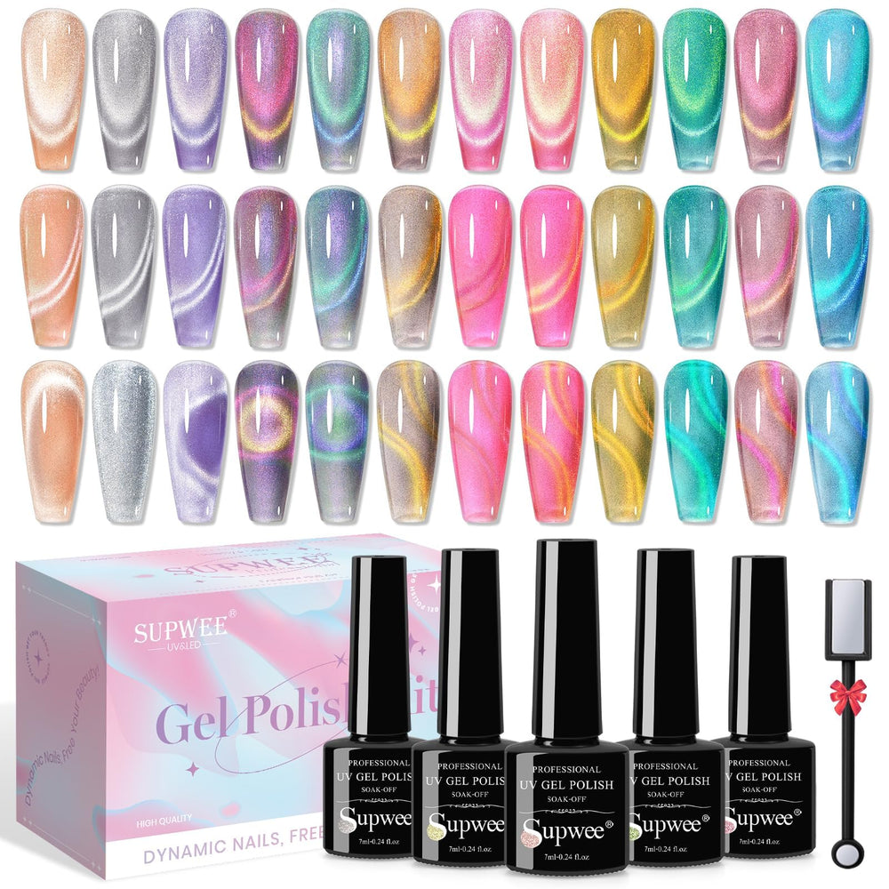 SUPWEE cat eye gel polish set packaging shows diverse colors for home nails.