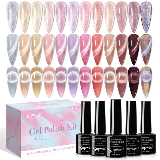 SUPWEE Crystal Cat Eye polish collection in 12 colors for salon-ready looks.