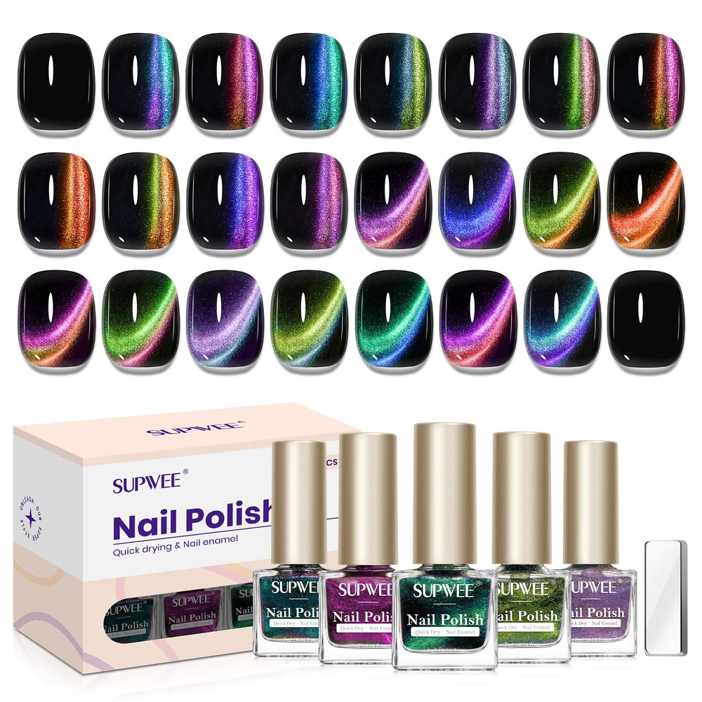 SUPWEE magnetic cat eye nail polish set showcases bold color shifts and quick air-dry action.