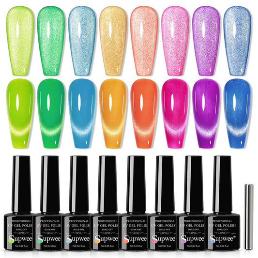 SUPWEE neon cat eye gel polish bottles display eight vibrant colors for at-home salon results.