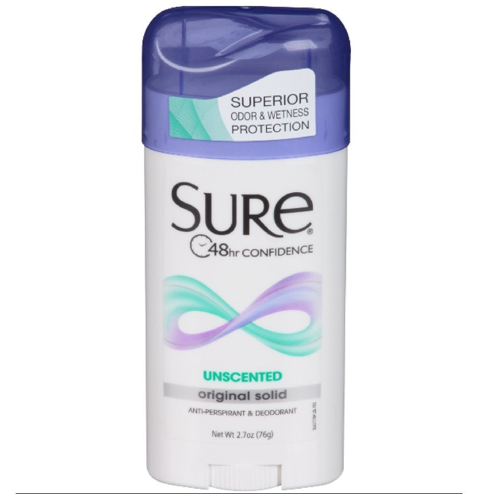 Sure Wide Anti-Perspirant Original Unscented solid 4-pack offers all-day protection without fragrance.