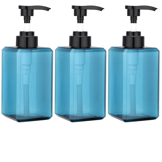 Suream blue square pump bottle 15oz for shampoo and conditioner, easy to fill and reuse.